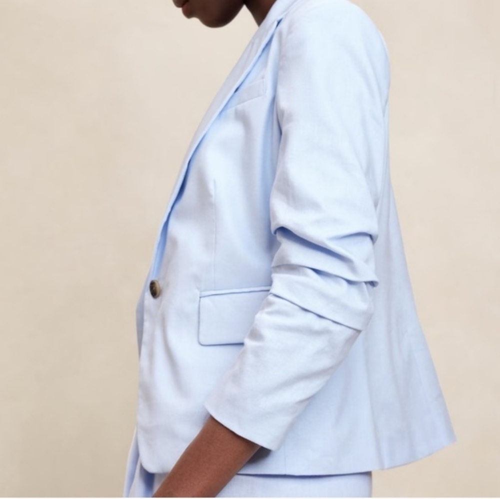 NWOT Banana Republic Linen-Blend Ruched-Sleeve Blazer In Blue Meditation Size 10 - Picture 13 of 14